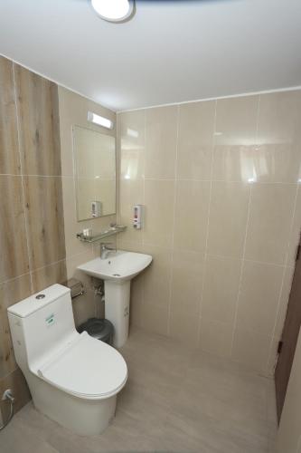 een badkamer met een wit toilet en een wastafel bij Hotel Blue Castle in Dhaka