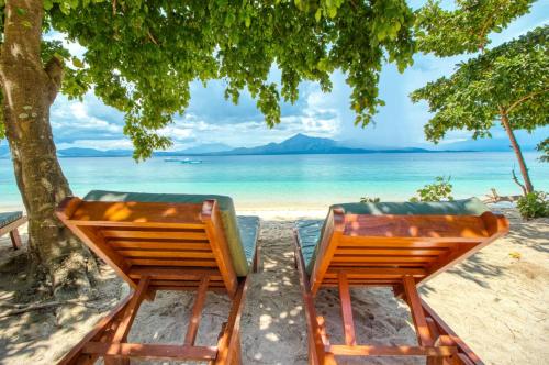 two chairs on the beach under a tree at Kuda Laut Boutique Dive Resort in Bunaken