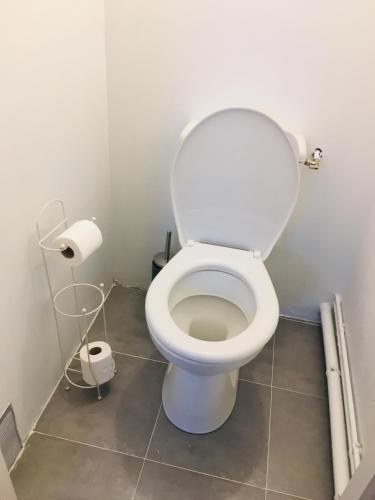 une salle de bain avec des toilettes blanches dans une chambre dans l'établissement Le Tendance : Studio avec Jardin, Évry-Courcouronnes