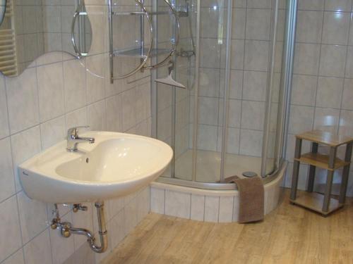 y baño con lavabo y ducha. en Ferienhaus zu Wohlsborn en Wohlsborn