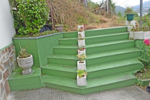 un conjunto de escaleras verdes con flores. en Apartamentos La Capitana en Luarca