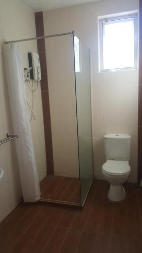 a bathroom with a toilet and a shower with a window at Bellevue The Penang Hill Hotel, Bukit Bendera in Ayer Itam