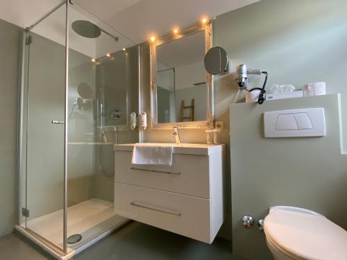a bathroom with a shower and a sink and a toilet at Bergland Hotel - Adults only in Salzburg