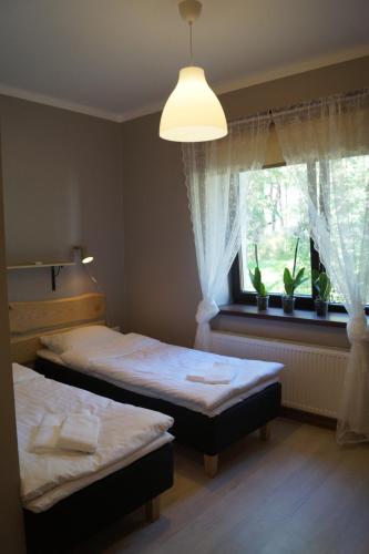 a bedroom with two beds and a window at Kuivižu Krogs - motelis in Salacgrīva