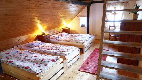 a room with three beds and a ladder at Chata U Zmrzlyho in Vrchlabí
