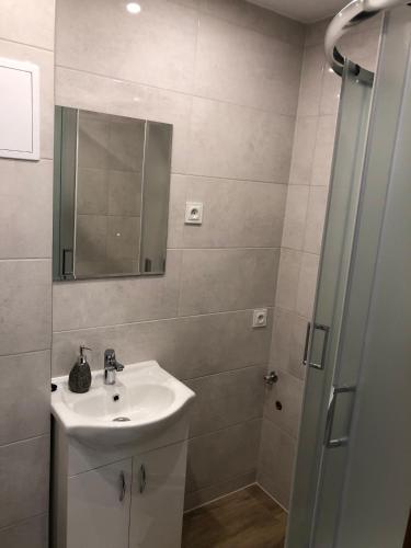 a bathroom with a sink and a shower with a mirror at Apartament dwa pokoje Dęblin in Dęblin