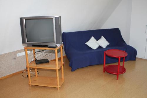 ein Wohnzimmer mit einem blauen Sofa und einem TV in der Unterkunft FeWo am Schlossberg in Neusitz