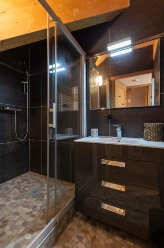 une salle de bain avec une douche, un lavabo et un miroir dans l'établissement TERRESENS - Les Améthystes, à Vaujany