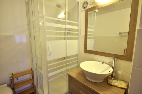 a bathroom with a sink and a glass shower at B&B l'Edelweiss in Vallouise