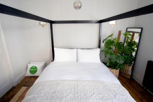a bedroom with a bed with white sheets and a plant at Spirit of Prince Street Hull Old Town in Hull