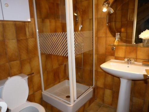 een badkamer met een douche, een toilet en een wastafel bij A L'Ombre Du Figuier in Saint-Thois