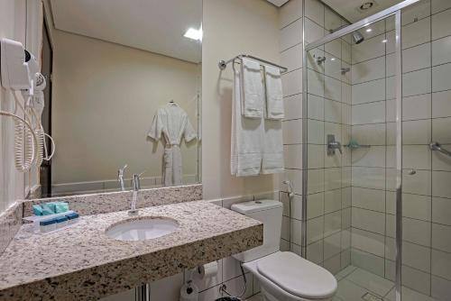 a bathroom with a sink and a toilet and a shower at Slaviero Porto Velho in Porto Velho