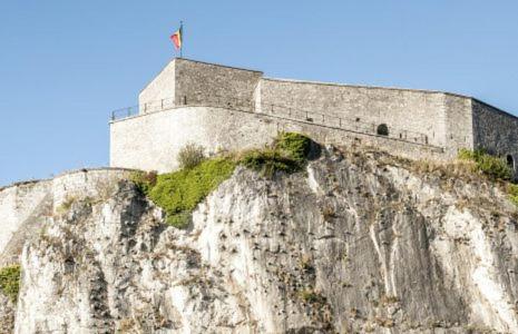 a wall on top of a mountain with a flag on it at La MeusÂme in Dinant