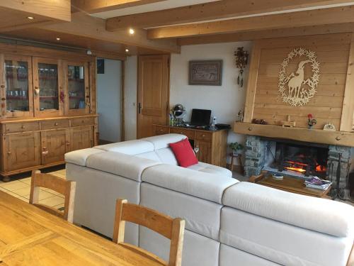 un salon avec un canapé et une cheminée dans l'établissement Vue Mont Blanc et toute la chaîne, à Combloux