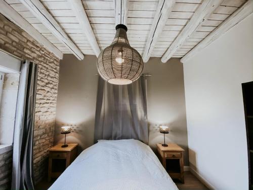 a bedroom with a bed with two night stands and a lamp at Le Val Suzenay in Vendeuvre-sur-Barse
