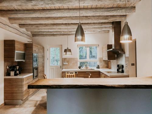 a large kitchen with wooden ceilings and a large island at Le Val Suzenay in Vendeuvre-sur-Barse