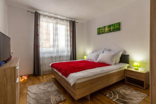 een slaapkamer met een groot bed en een rode deken bij Apartament LYAD in Sighişoara