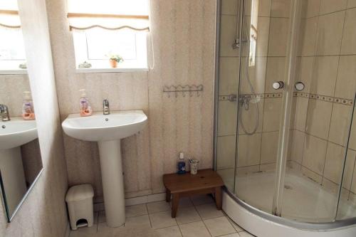 een badkamer met een wastafel en een douche bij Vahe Guest House in Põltsamaa