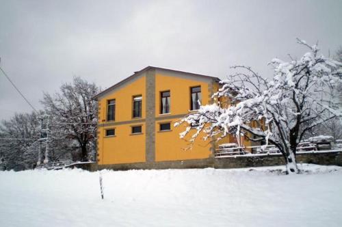 a yellow house in a snow covered field at Agriturismo I Fondacci in Grizzana