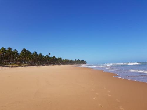 an empty beach with palm trees and the ocean at Vila Lua de Taipu - Taipu de Fora in Barra Grande
