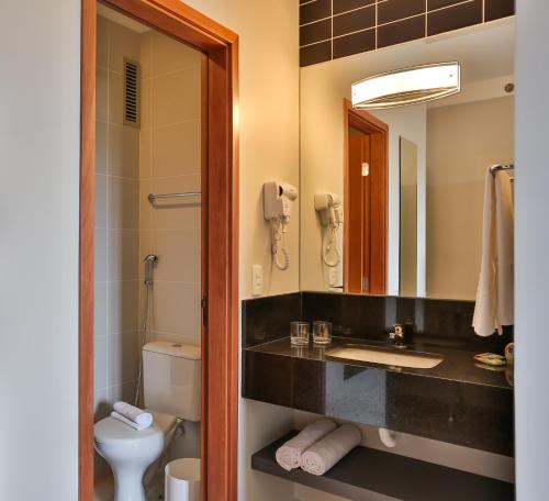 a bathroom with a sink and a toilet and a mirror at Transamerica Fit São Carlos in São Carlos