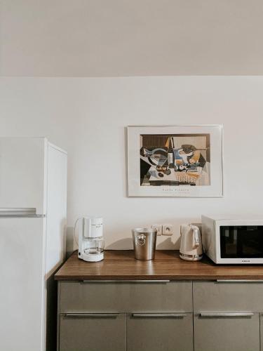 a kitchen with a counter top with a microwave at Le Val Suzenay in Vendeuvre-sur-Barse