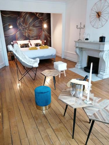 - un salon avec un lit et une cheminée dans l'établissement Le 43-4 avec sauna privatif, au Puy-en-Velay