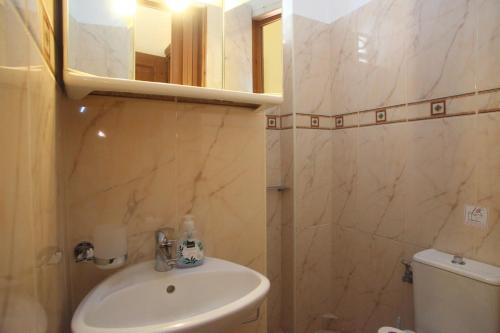 a bathroom with a sink and a mirror and a toilet at Vicky Apartments in Nikiana