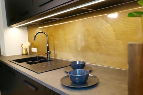 Appartements Goldquell في راوريس: كوبين على منضدة المطبخ بجانب الحوض