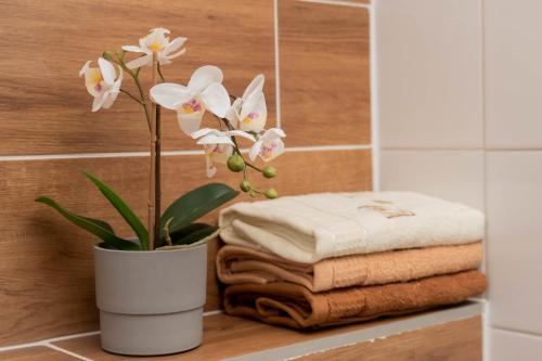 a vase with white flowers on a shelf next to towels at Apartamenty GoszoWita in Stronie Śląskie