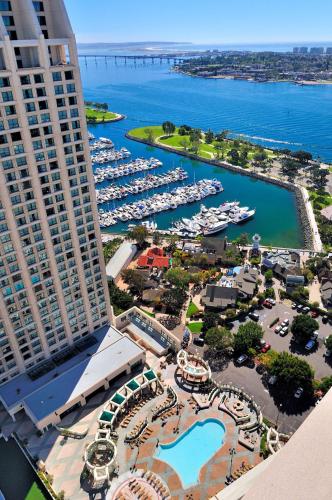 an aerial view of a marina with boats in the water at Manchester Grand Hyatt San Diego in San Diego