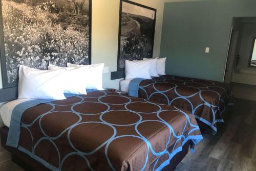 a hotel room with two beds and paintings on the wall at Hotel Blue Spring in Spring