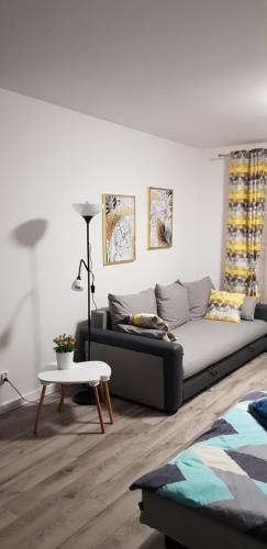 ein Wohnzimmer mit einem Sofa und einem Tisch in der Unterkunft Apartament RODZINNY Wałowa Wejherowo in Wejherowo