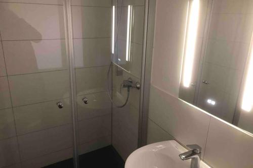 a bathroom with a shower with a toilet and a sink at Obergeschoss in Alzenau in Unterfranken