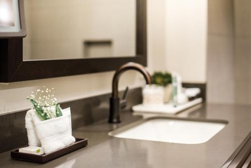 a bathroom counter with a sink and a mirror at Hyatt Vacation Club at The Ranahan in Breckenridge