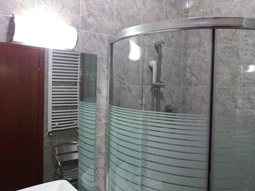 bagno con doccia e porta in vetro di Hotel Oxa doo a Novi Pazar
