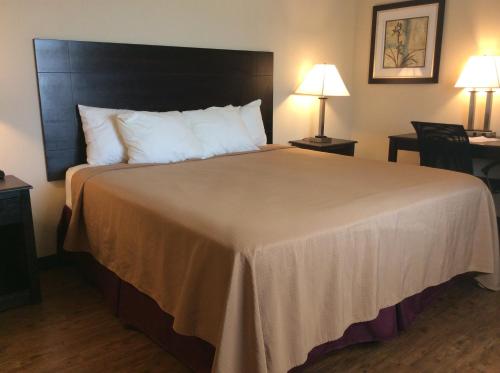 ein großes Bett in einem Hotelzimmer mit zwei Lampen in der Unterkunft Hotel Cotulla in Cotulla