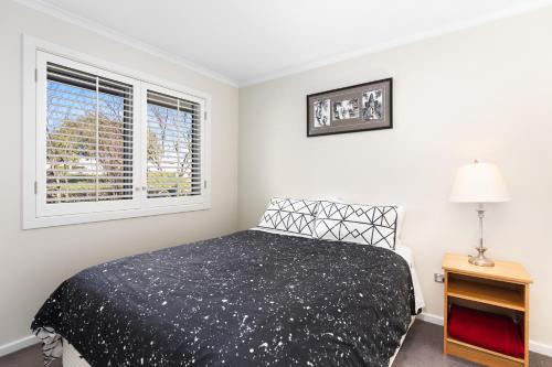 a bedroom with a black bed and a window at City One Apartment in Mount Gambier