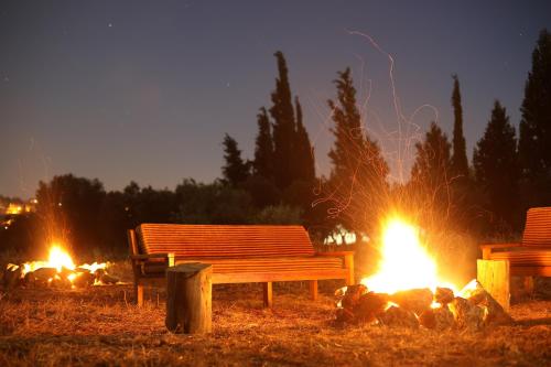 two benches sitting in front of a camp fire at The Ranch in Kfar Hazîr