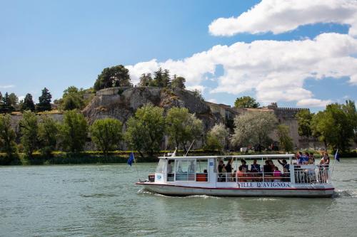 a boat with people on it on the river at Camping du Pont d'Avignon in Avignon
