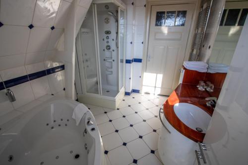 uma casa de banho com uma banheira, um lavatório e um chuveiro em Fletcher Hotel Restaurant Marijke em Bergen