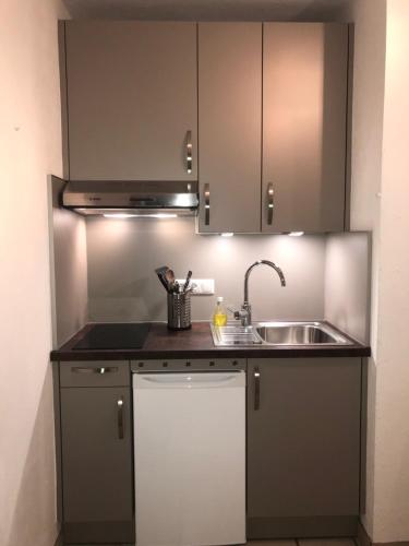 a kitchen with a sink and a counter top at Appartements Kröll, Joker Card in summer included! in Saalbach Hinterglemm