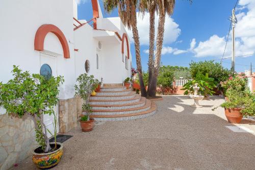 a church with stairs and palm trees in front of it at Can Ramos in Ses Fontanelles