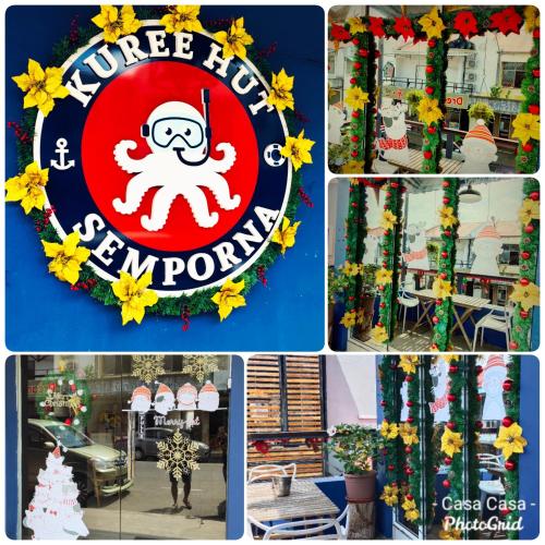a collage of photos with a santa sign and christmas decorations at Kuree Hut in Semporna