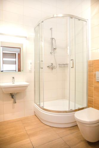 a bathroom with a shower and a sink at Gawra Comfort+ in Lesko