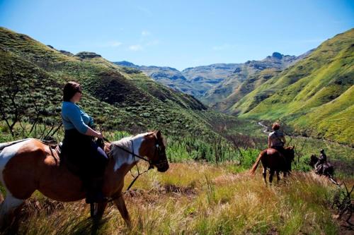 two people riding horses on a grassy hill at Maliba River Lodge in Butha-Buthe
