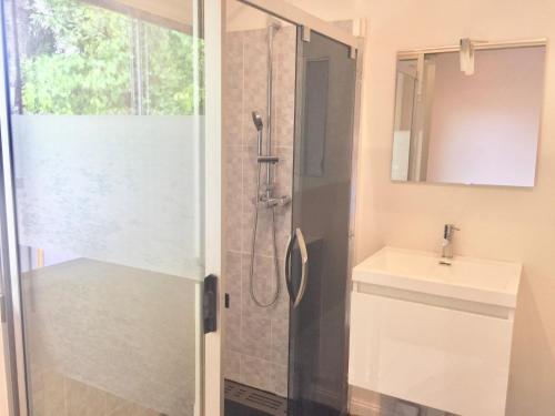 La salle de bains est pourvue d'une douche et d'un lavabo. dans l'établissement Sun Villa, à Saint-Denis