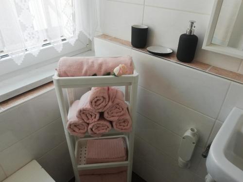 - Baño con toallero y toallas rosas en Ferienwohnung Rosenblick, en Bad Langensalza