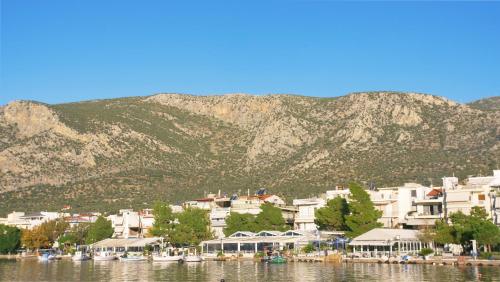 a group of buildings in front of a mountain at Antikyra Beach Hotel in Antikyra