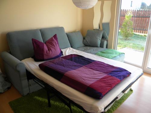 EllenhausenにあるBusiness Apartment/Ferienwohnung (z. CGN/FFM)のソファ付きのリビングルームのベッド1台